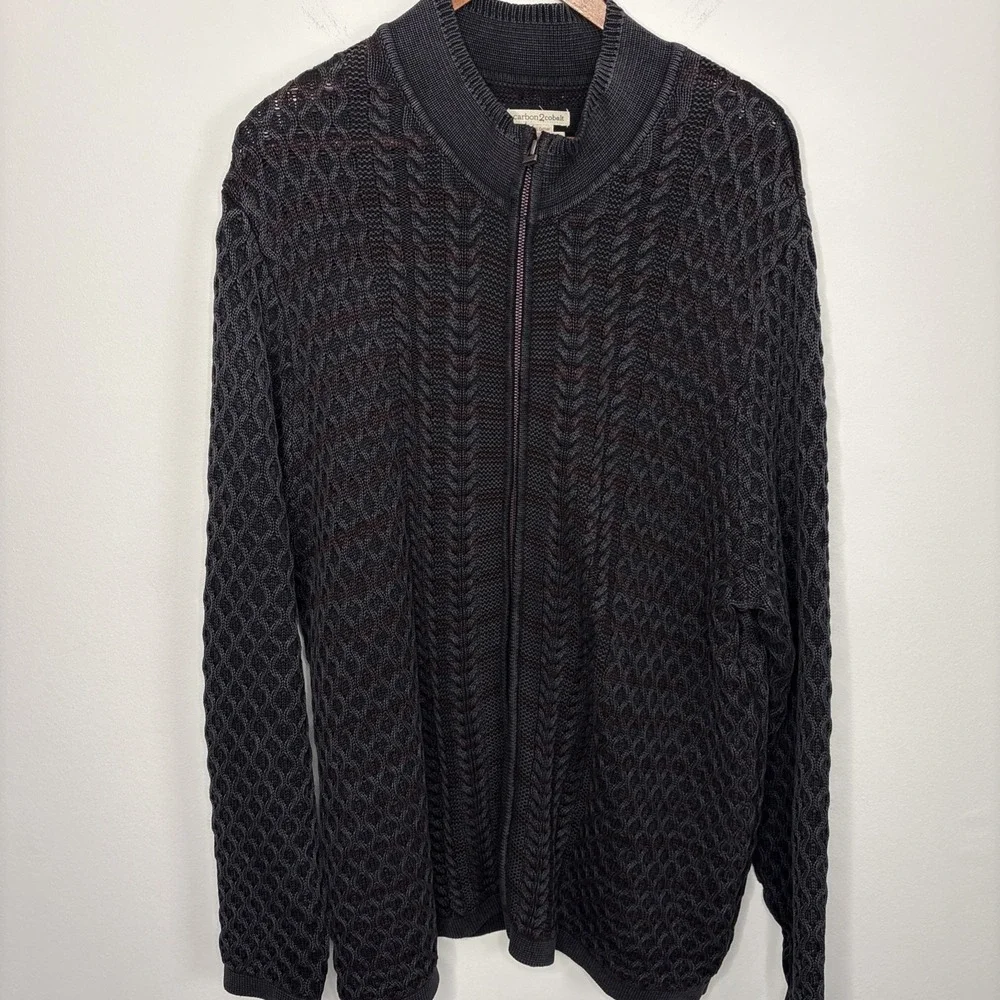 Carbon 2 Cobalt Sweater Mens XL Gray Zip Cardigan 3D Cable Knit Textured Cotton